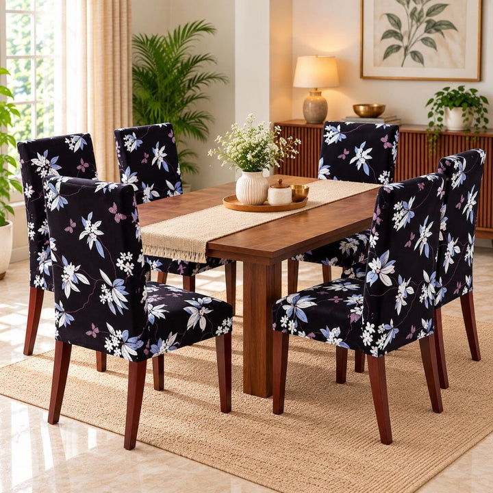 Black Flower Premium Chair Cover - Stretchable & Elastic Fitted printed chair covers Great Happy IN 6 PCS (₹285 per pcs) 