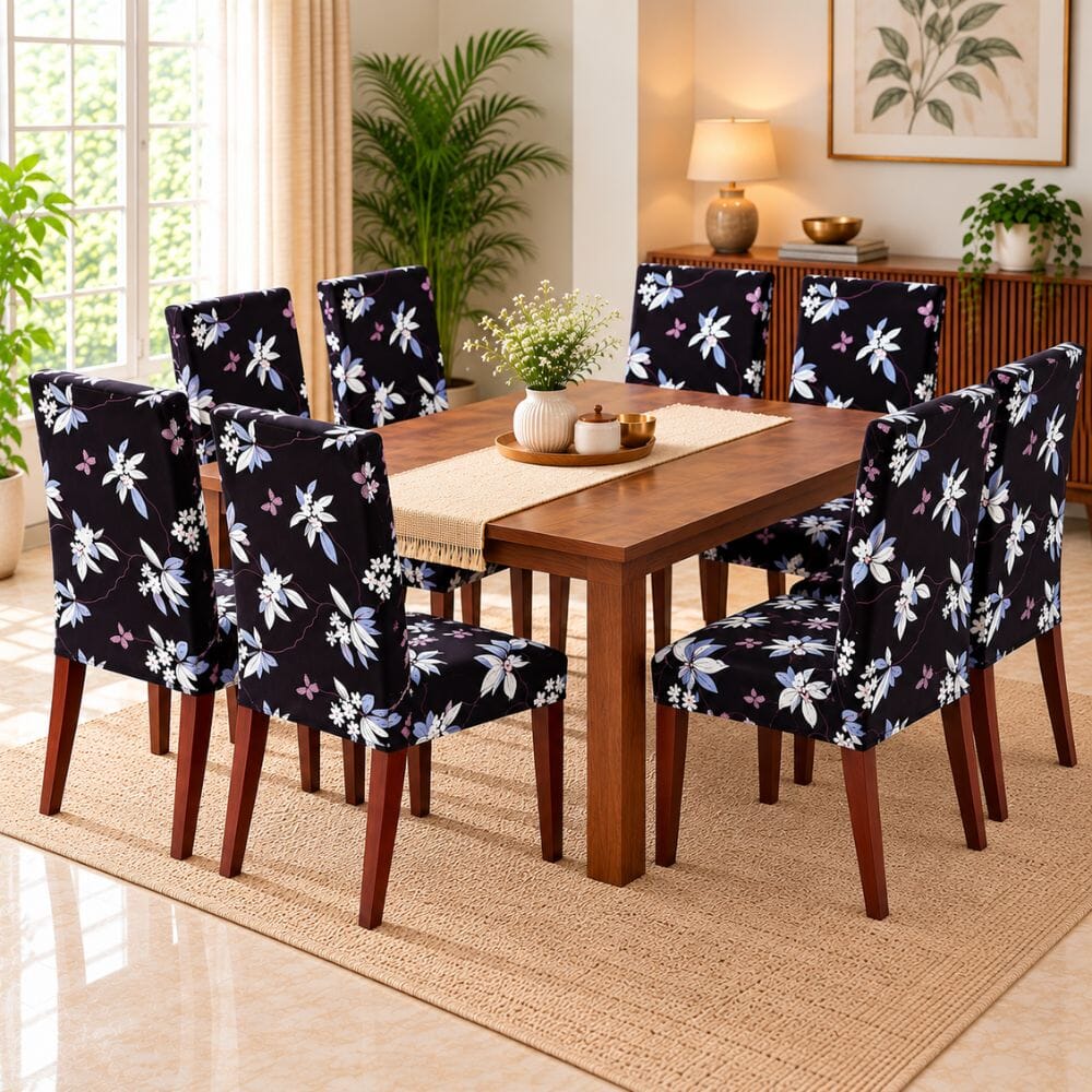 Black Flower Premium Chair Cover - Stretchable & Elastic Fitted printed chair covers Great Happy IN 8 PCS (₹262 per pcs) 