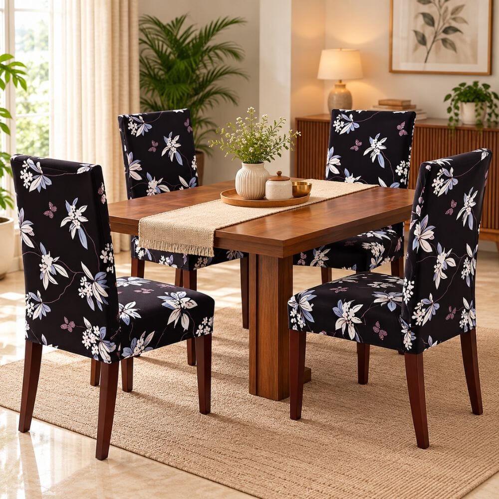 Black Flower Premium Chair Cover - Stretchable & Elastic Fitted printed chair covers Great Happy IN 4 PCS (₹325 per pcs) 