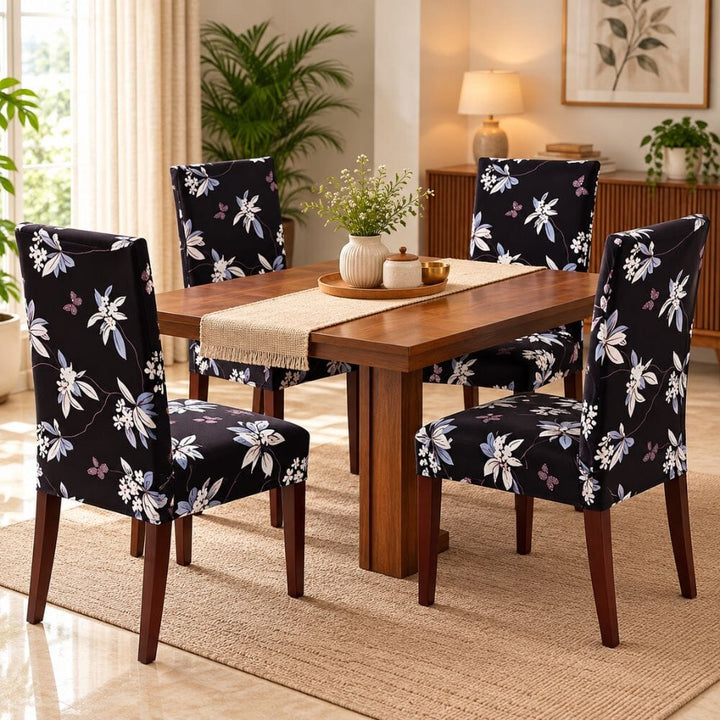 Black Flower Premium Chair Cover - Stretchable & Elastic Fitted printed chair covers Great Happy IN 4 PCS (₹325 per pcs) 