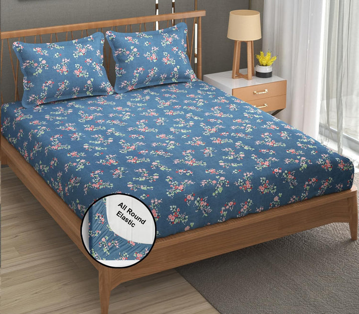 Cotton Elastic Fitted Bedsheet - Fits with any Beds & Mattresses Great Happy IN Blue Blossom KING SIZE 