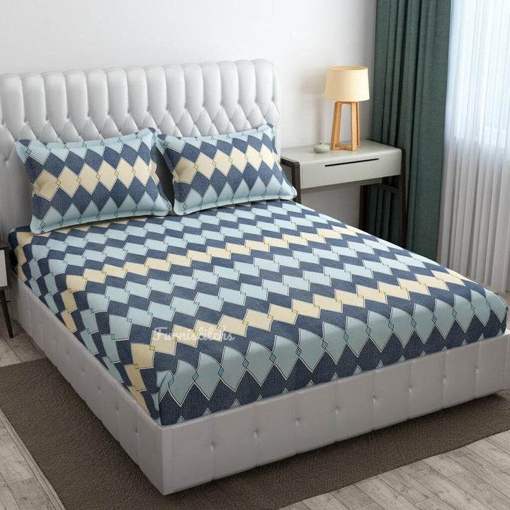 Cotton Elastic Fitted Bedsheet - Fits with any Beds & Mattresses Great Happy IN Blue Geometry KING SIZE 