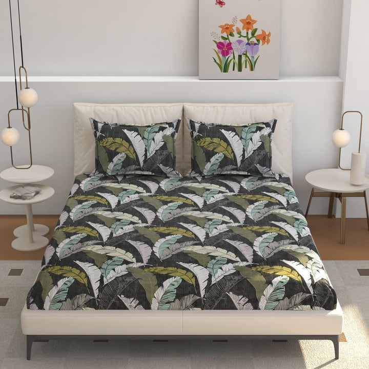 Elastic Fitted Bedsheet (King Size) with 2 Pillow Covers - Buy 2 Get 1 FREE Great Happy IN Botanical Banana Leaf KING SIZE 