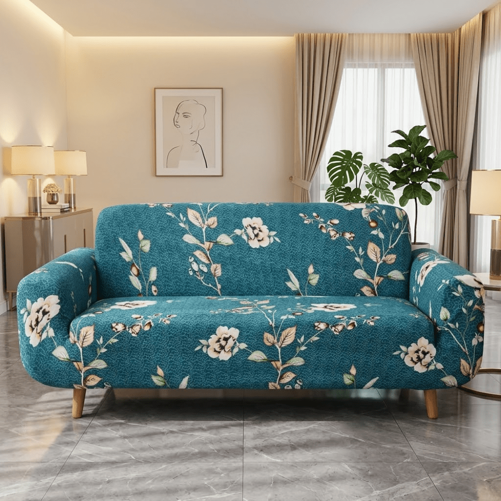 Bottle Green Flower Elastic Fitted Printed Sofa Cover - Stretchable & Premium Quality