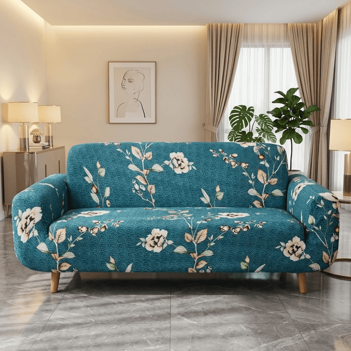 Bottle Green Flower Elastic Fitted Printed Sofa Cover - Stretchable & Premium Quality