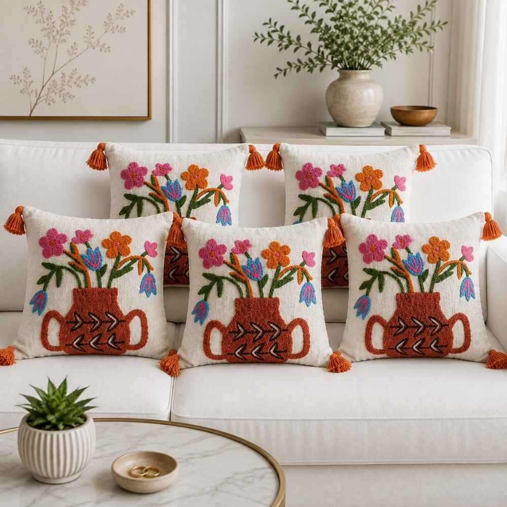 Bouquet Artisan Embroidered Cushion Covers 16 × 16