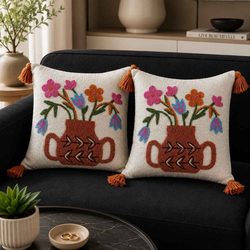 Bouquet Artisan Embroidered Cushion Covers 16 × 16