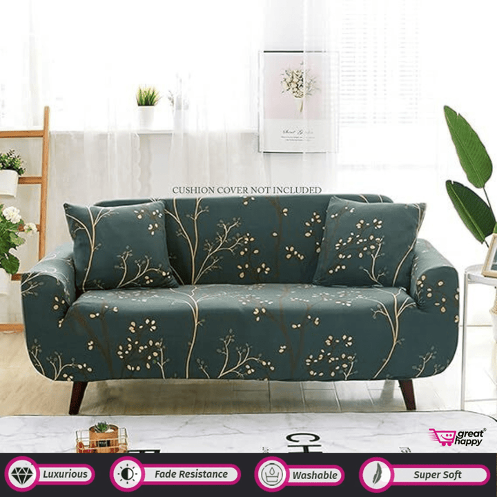 Elastic Fitted Printed Sofa Cover - Stretchable & Premium Quality Great Happy IN Single Seater(90-145cm) - ₹1599 Branch Teal Sofa Cover 