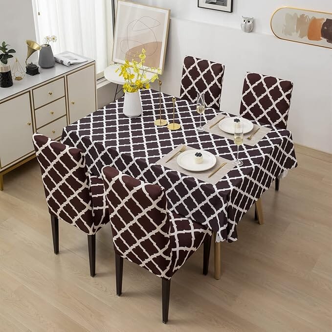 Premium Dining Table & Chair Cover Combo Great Happy IN 4 PCS - ₹1599 Brown Diamond 