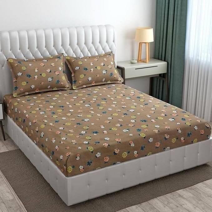 Cotton Elastic Fitted Bedsheet - Fits with any Beds & Mattresses Great Happy IN Brown Blossom KING SIZE 
