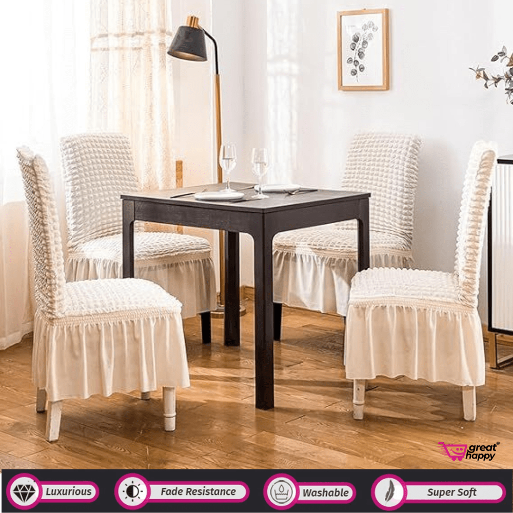 Bubble Frill Chair Cover- Stretchable & Elastic Fitted Great Happy IN Bubble Frill Beige 4 PCS - ₹1799 