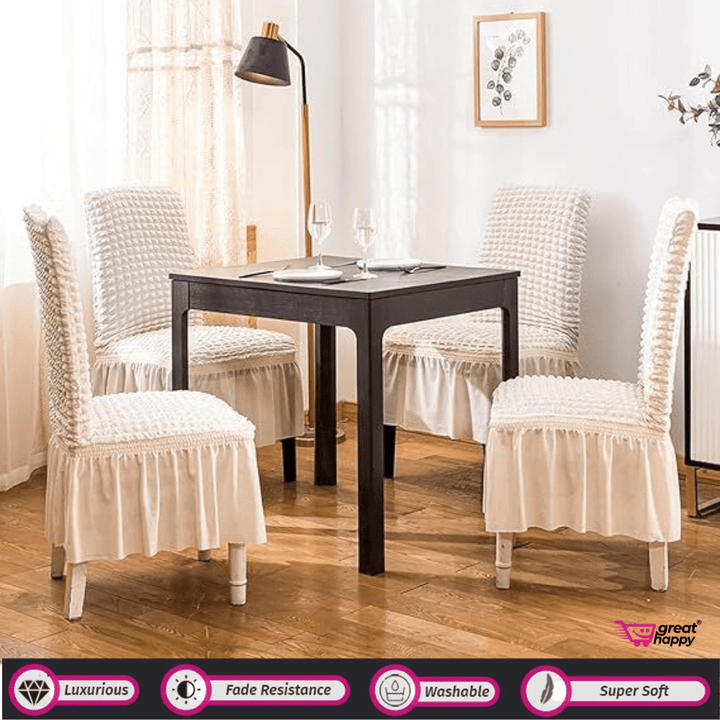 Bubble Frill Chair Cover- Stretchable & Elastic Fitted Great Happy IN Bubble Frill Beige 4 PCS - ₹1799 