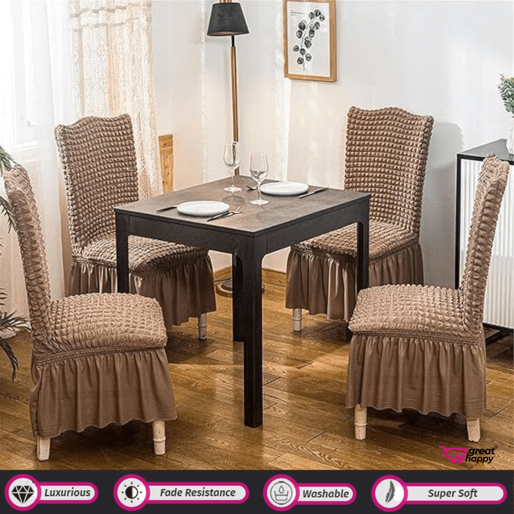 Bubble Frill Chair Cover- Stretchable & Elastic Fitted Great Happy IN Bubble Frill Light Brown 4 PCS - ₹1799 