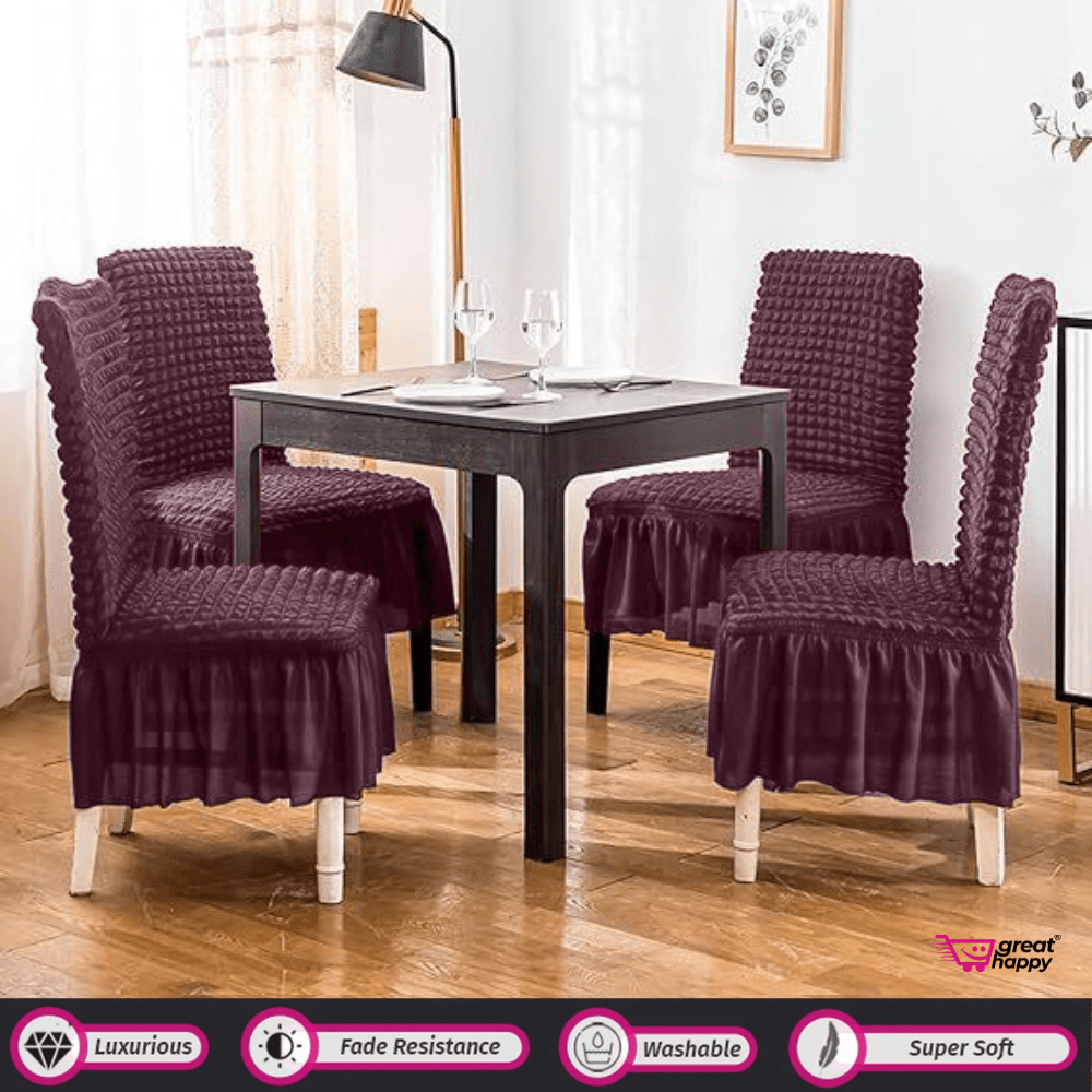 Bubble Frill Chair Cover- Stretchable & Elastic Fitted Great Happy IN Bubble Frill Wine 4 PCS - ₹1799 