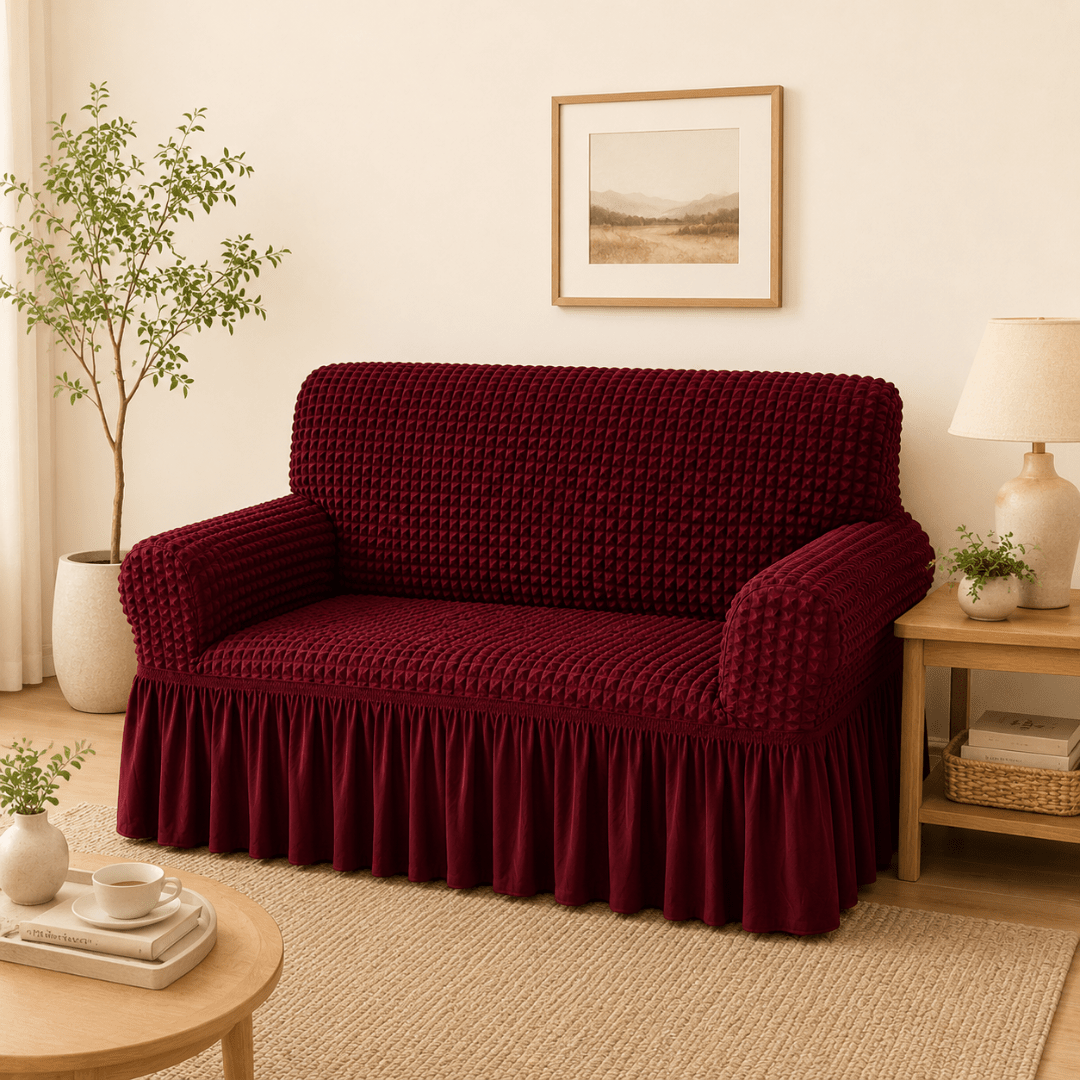 Maroon Bubble Frill Sofa Cover Great Happy IN 2 Seater 