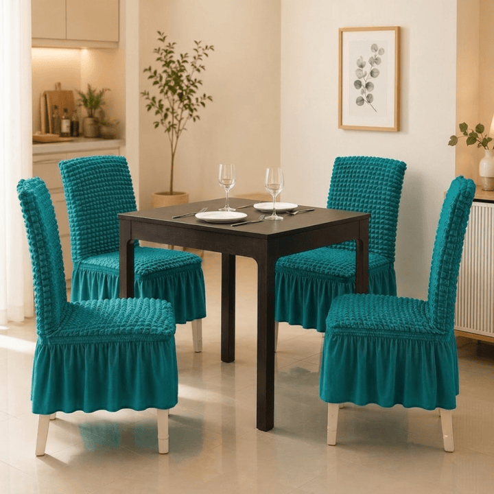 Bubble Frill Stretchable & Wrinkle-Free Chair Cover Great Happy IN Bubble Frill Teal 4 PCS (₹450 per pcs) 