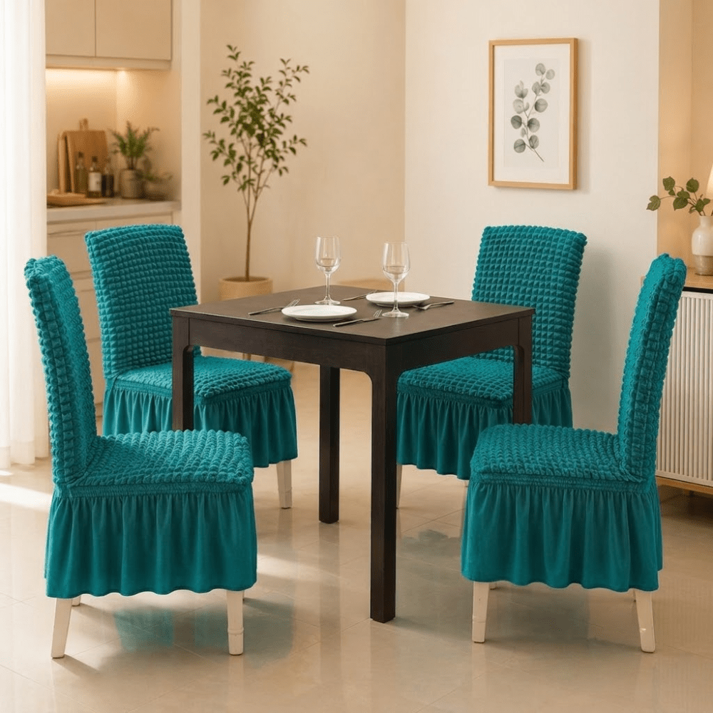 Bubble Frill Chair Cover- Stretchable & Elastic Fitted Great Happy IN Bubble Frill Teal 4 PCS (₹450 per pcs) 