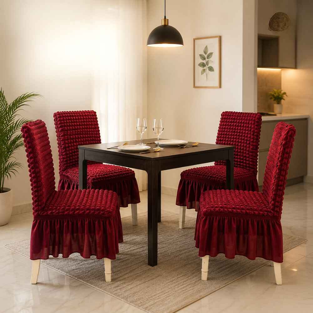 Bubble Frill Chair Cover- Stretchable & Elastic Fitted bubble frill chair cover Great Happy IN Bubble Frill Maroon 4 PCS (₹475 per pcs) 
