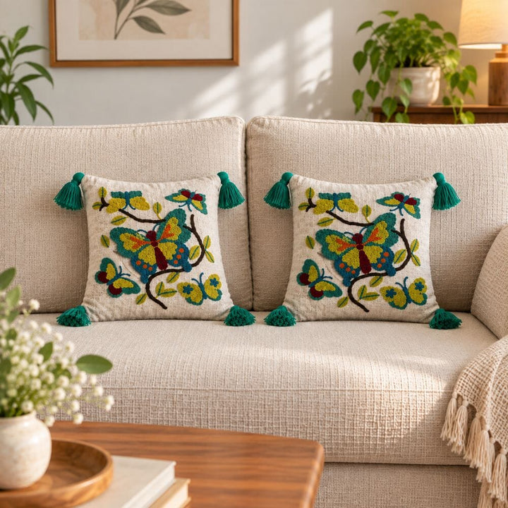Butterfly Floral Artisan Embroidered Cushion Covers 16 × 16 cushion cover Great Happy IN Butterfly Floral Pack of 2 (₹450 per pcs) 
