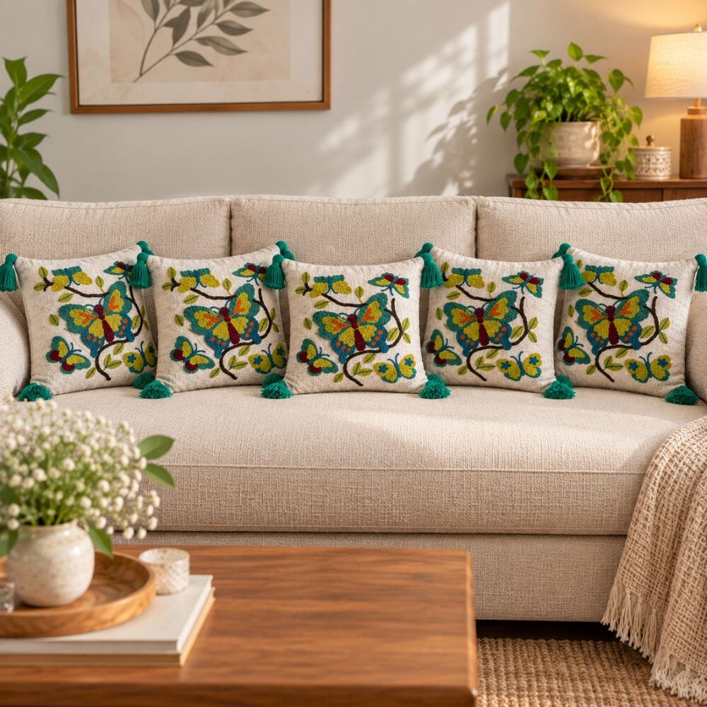 Artisan Embroidered Cushion Covers cushion cover Great Happy IN Butterfly Floral Pack of 5 (₹375 per pcs) 