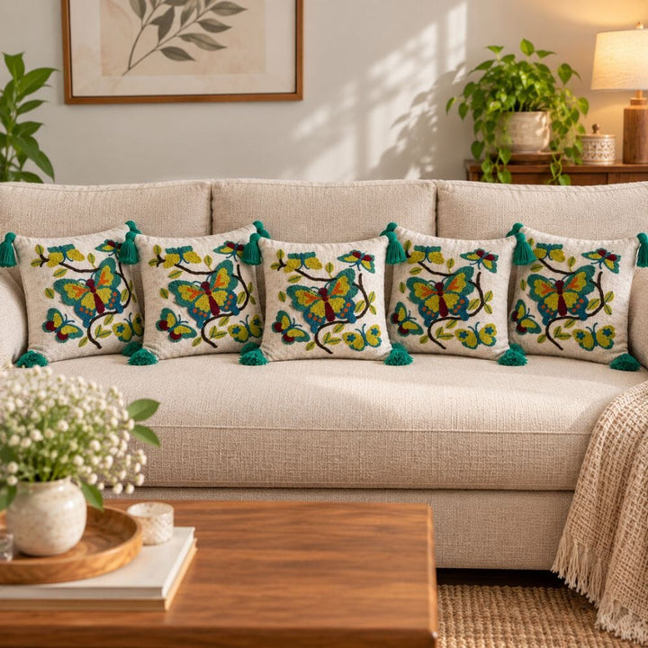 Artisan Embroidered Cushion Covers cushion cover Great Happy IN Butterfly Floral Pack of 5 (₹375 per pcs) 