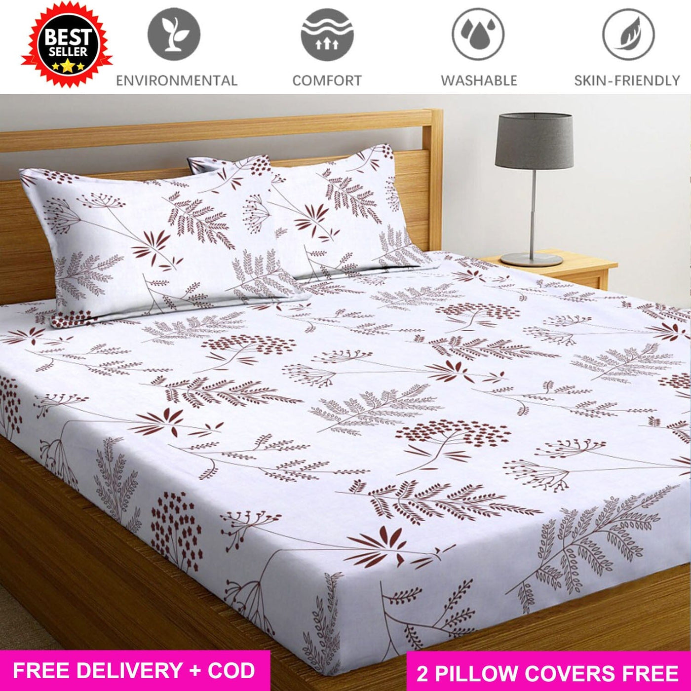 Cotton Elastic Fitted Bedsheet with 2 Pillow Covers - Fits with any Beds & Mattresses Great Happy IN Cream Grain KING SIZE 