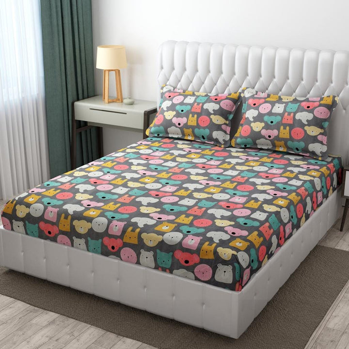 Cotton Elastic Fitted Bedsheet - Fits with any Beds & Mattresses Great Happy IN Cartoon Cuddles DOUBLE BED 