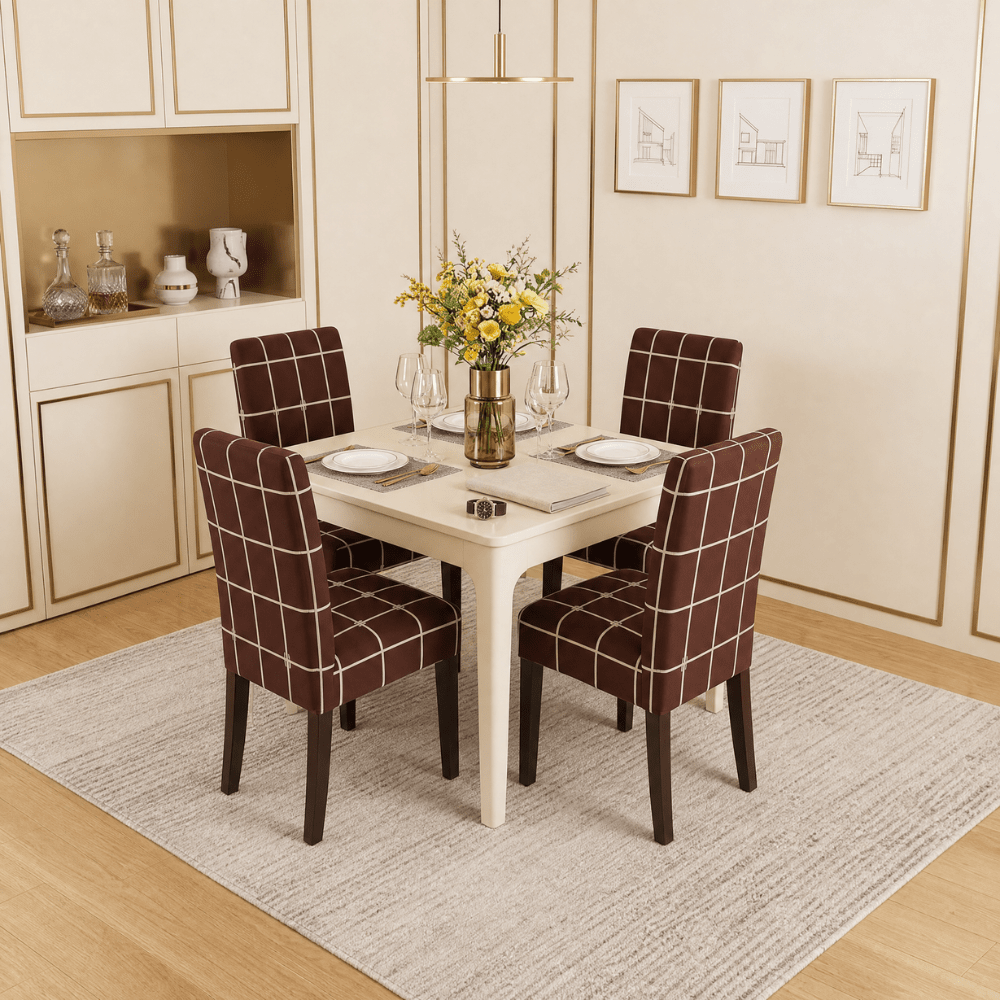 Premium Chair Cover - Stretchable & Elastic Fitted Great Happy IN Check Brown 4 PCS (₹325 per pcs) 