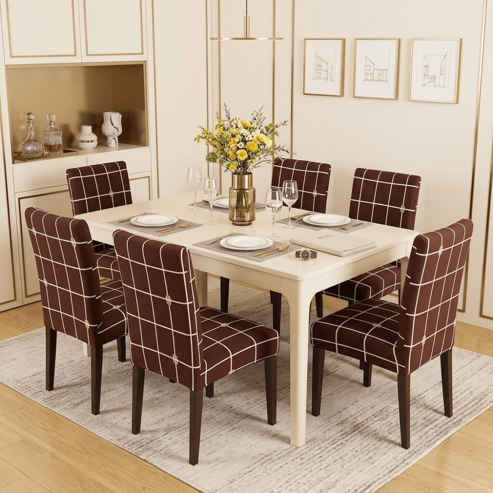 Premium Chair Cover - Stretchable & Elastic Fitted Great Happy IN Check Brown 6 PCS (₹285 per pcs) 