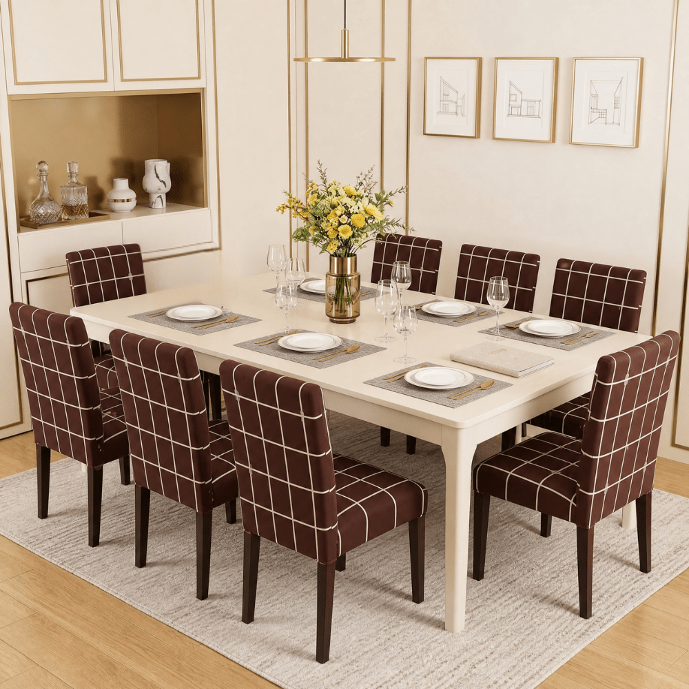 Premium Chair Cover - Stretchable & Elastic Fitted Great Happy IN Check Brown 8 PCS (₹262 per pcs) 