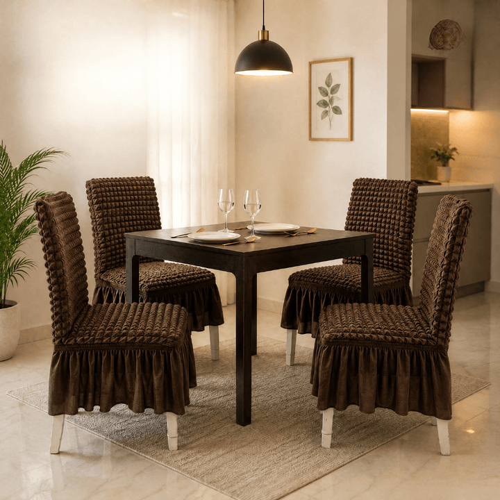 Bubble Frill Stretchable & Wrinkle-Free Chair Cover Great Happy IN Bubble Frill Coffee 4 PCS (₹450 per pcs) 