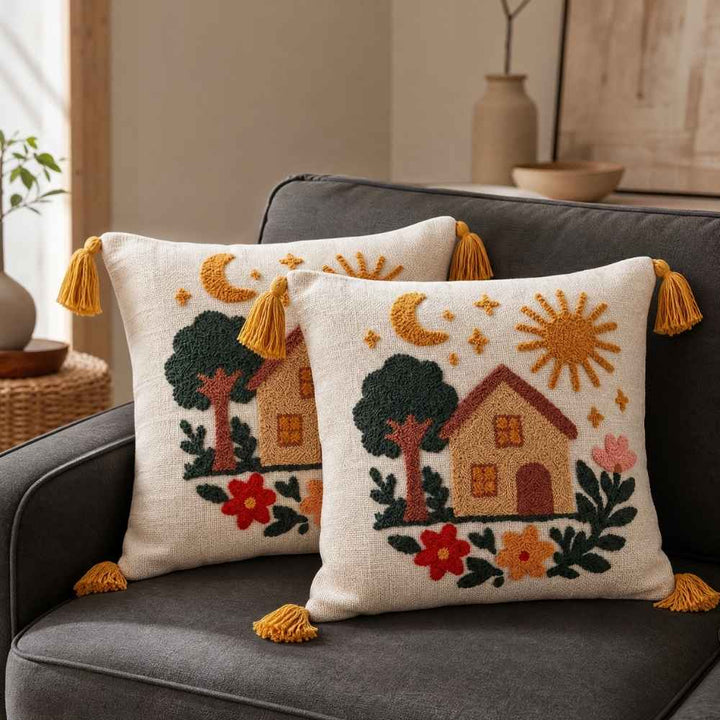 Artisan Embroidered Cushion Covers cushion cover Great Happy IN Cozy Cottage Pack of 2 (₹450 per pcs) 