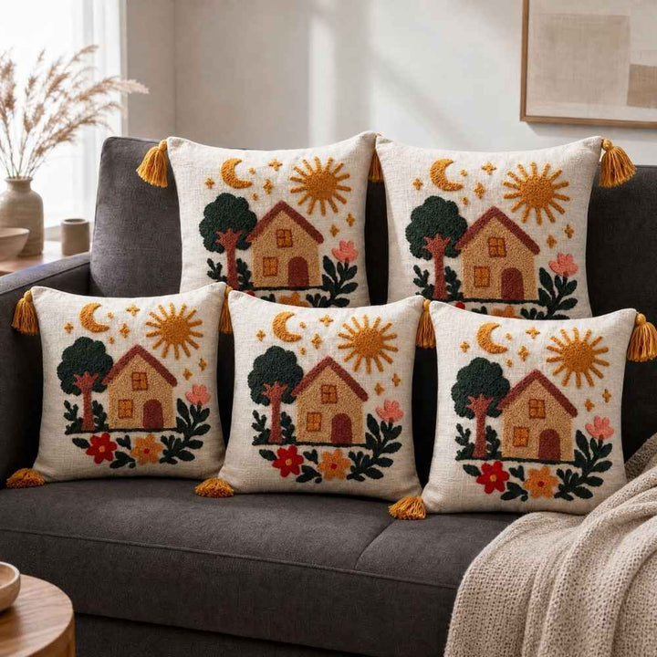 Artisan Embroidered Cushion Covers cushion cover Great Happy IN Cozy Cottage Pack of 5 (₹375 per pcs) 