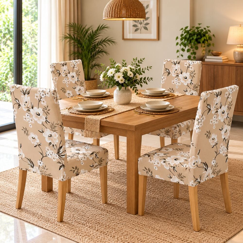 Premium Chair Cover - Stretchable & Elastic Fitted printed chair covers Great Happy IN Cream Flower 4 PCS (₹325 per pcs) 