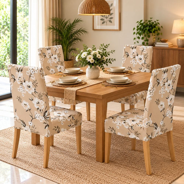 Premium Chair Cover - Stretchable & Elastic Fitted printed chair covers Great Happy IN Cream Flower 4 PCS (₹325 per pcs) 