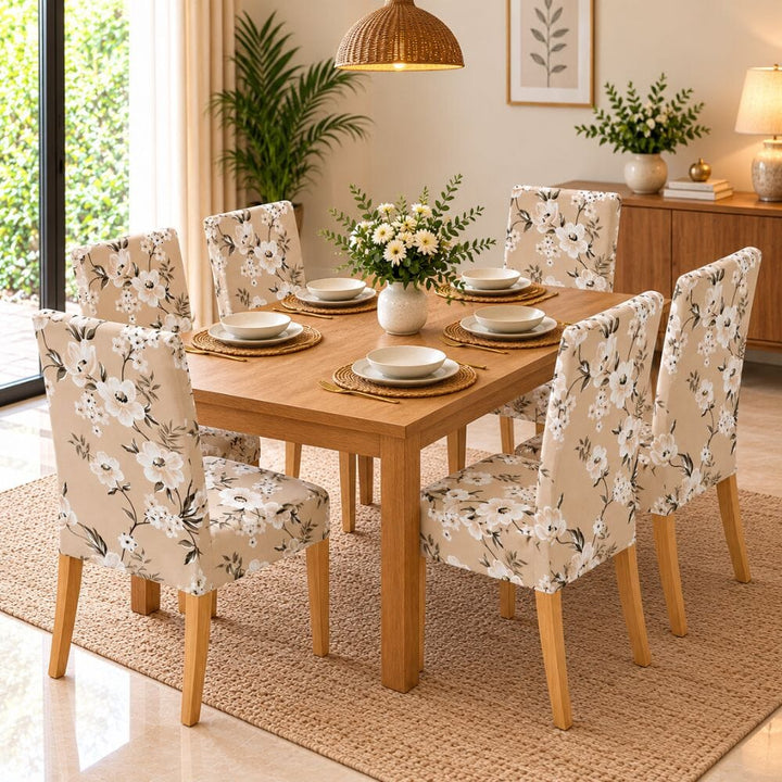 Cream Flower Floral Premium Chair Cover - Stretchable & Elastic Fitted printed chair covers Great Happy IN 6 PCS (₹285 per pcs) 