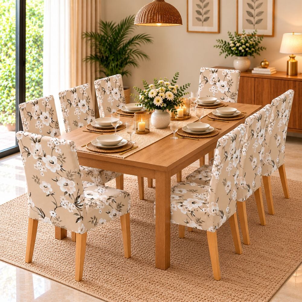 Cream Flower Floral Premium Chair Cover - Stretchable & Elastic Fitted printed chair covers Great Happy IN 8 PCS (₹262 per pcs) 