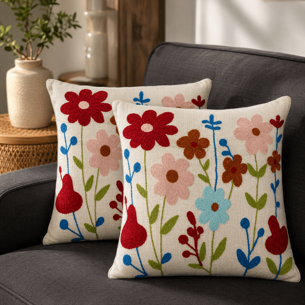 Artisan Embroidered Large Cushion Covers 24x24 Inch cushion cover Great Happy IN Bloom Fiesta Pack of 2 (₹650 per pcs) 