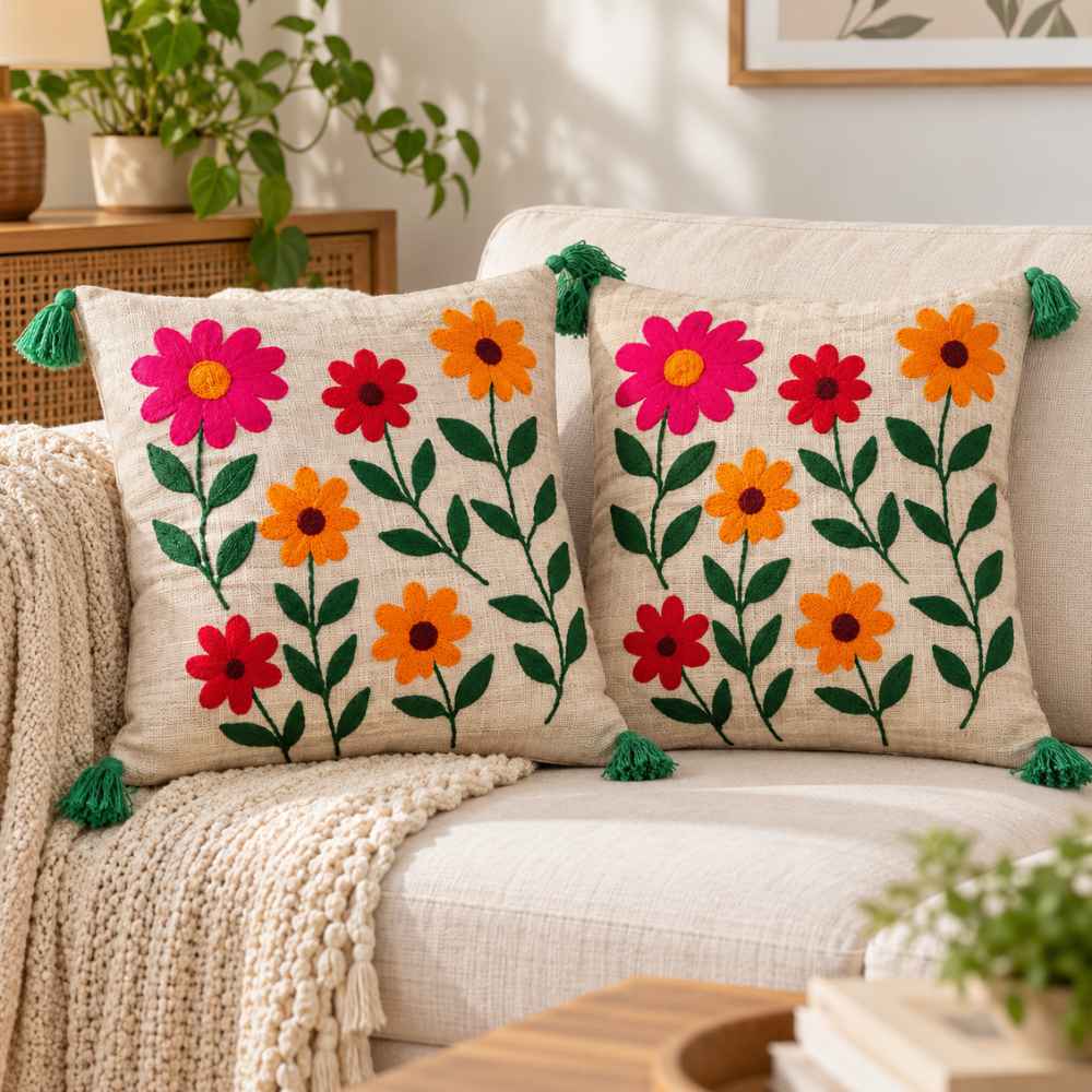 Artisan Embroidered Large Cushion Covers 24x24 Inch cushion cover Great Happy IN Meadow Pop Pack of 2 (₹650 per pcs) 