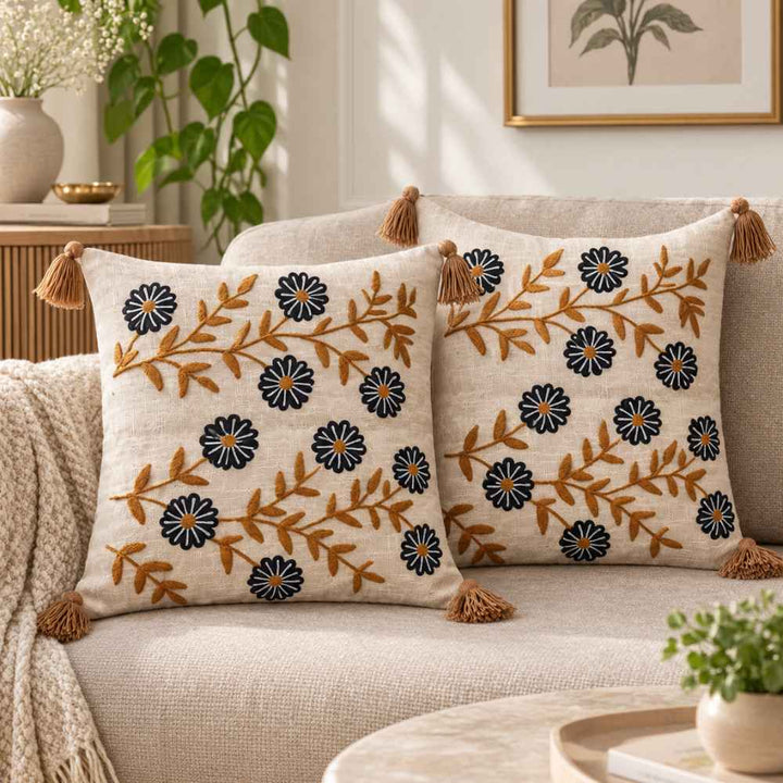 Artisan Embroidered Large Cushion Covers 24x24 Inch cushion cover Great Happy IN Midnight Daisy Pack of 2 (₹650 per pcs) 