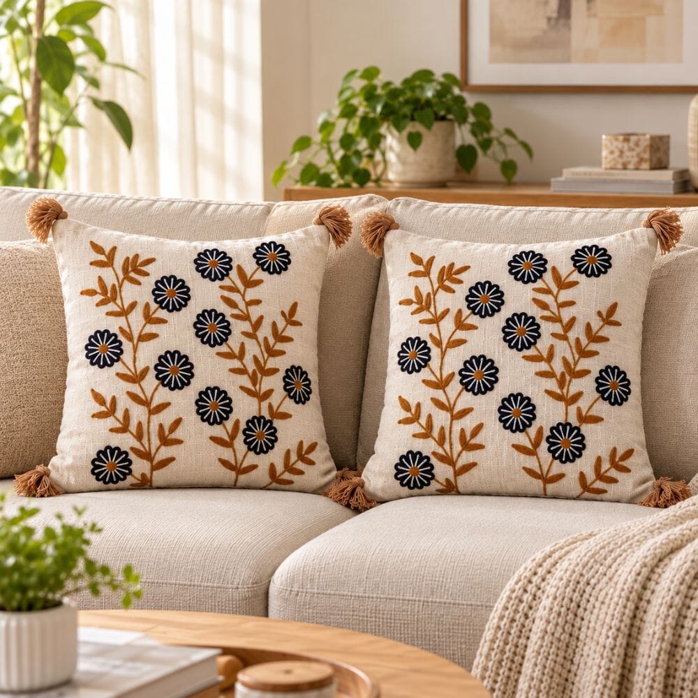 Artisan Embroidered Large Cushion Covers 24x24 Inch cushion cover Great Happy IN Midnight Daisy Pack of 2 (₹650 per pcs) 