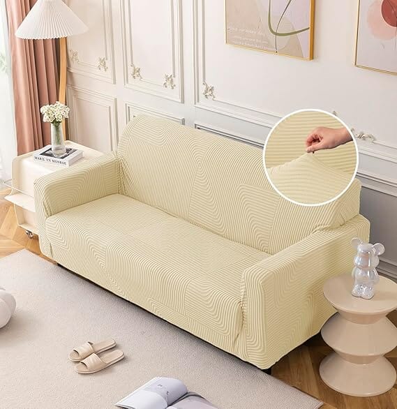 Beige Geometric Line Pattern Jacquard Sofa Cover Great Happy IN 