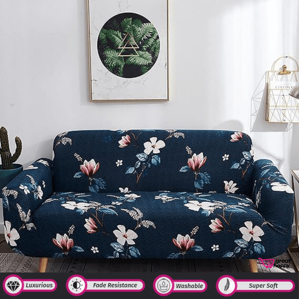 Elastic Fitted Printed Sofa Cover - Stretchable & Premium Quality Great Happy IN Single Seater(90-145cm) - ₹1599 Dark Blue Lotus Sofa Cover 