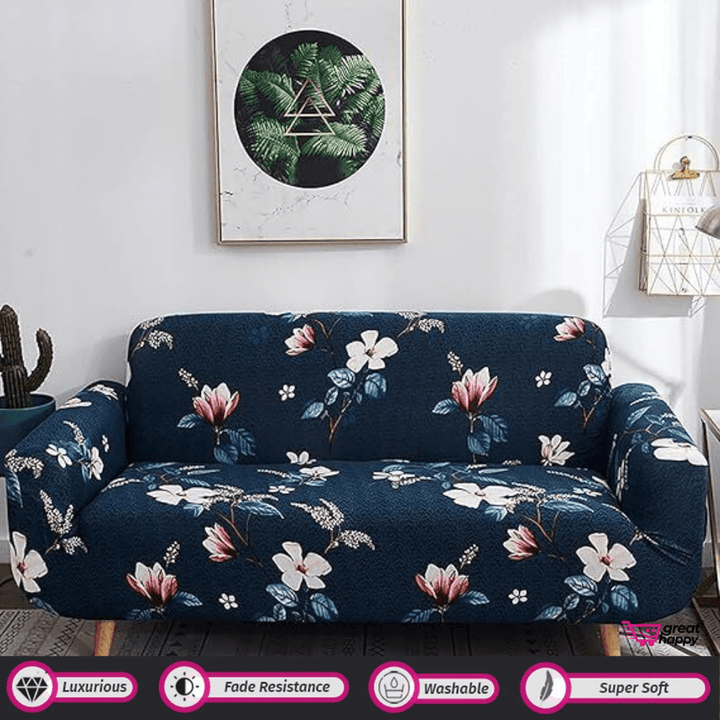 Elastic Fitted Printed Sofa Cover - Stretchable & Premium Quality Great Happy IN Single Seater(90-145cm) - ₹1599 Dark Blue Lotus Sofa Cover 