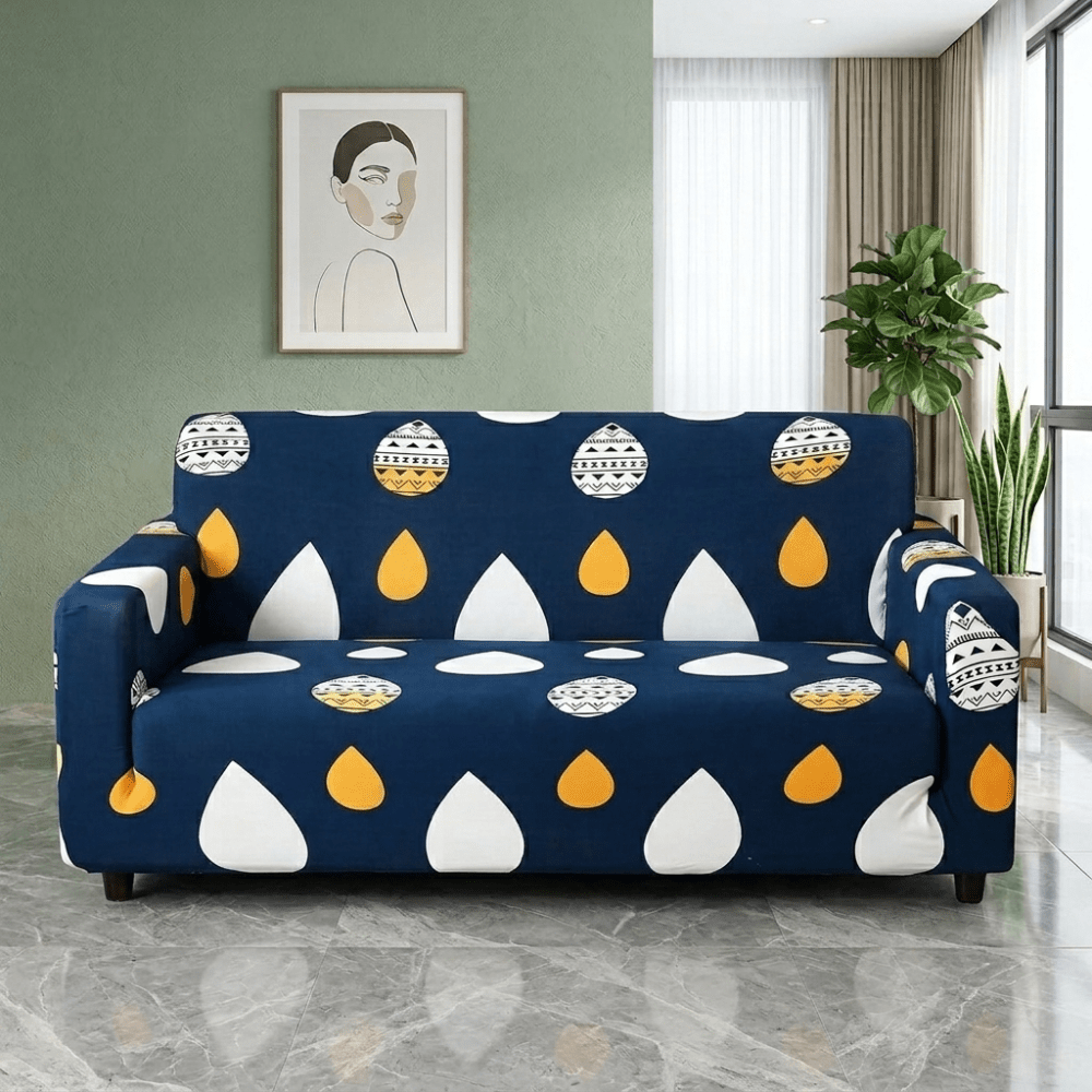Dark Blue Drop Elastic Fitted Printed Sofa Cover - Stretchable & Premium Quality