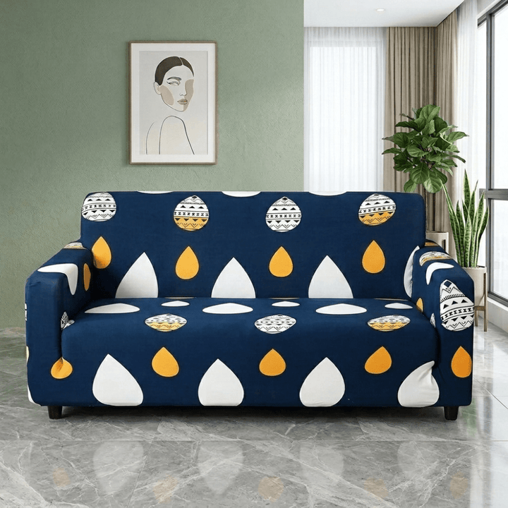 Dark Blue Drop Elastic Fitted Printed Sofa Cover - Stretchable & Premium Quality