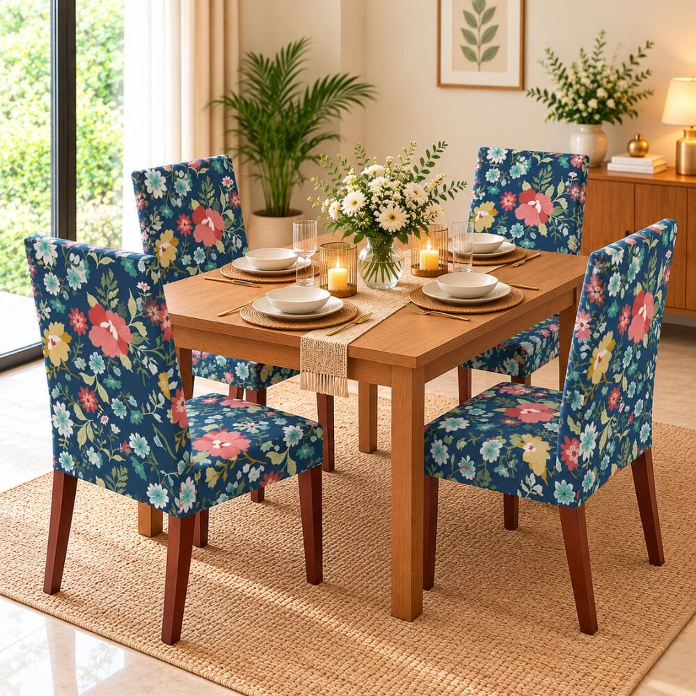 Dark Blue Floral Premium Chair Cover - Stretchable & Elastic Fitted printed chair covers Great Happy IN 4 PCS (₹325 per pcs) 
