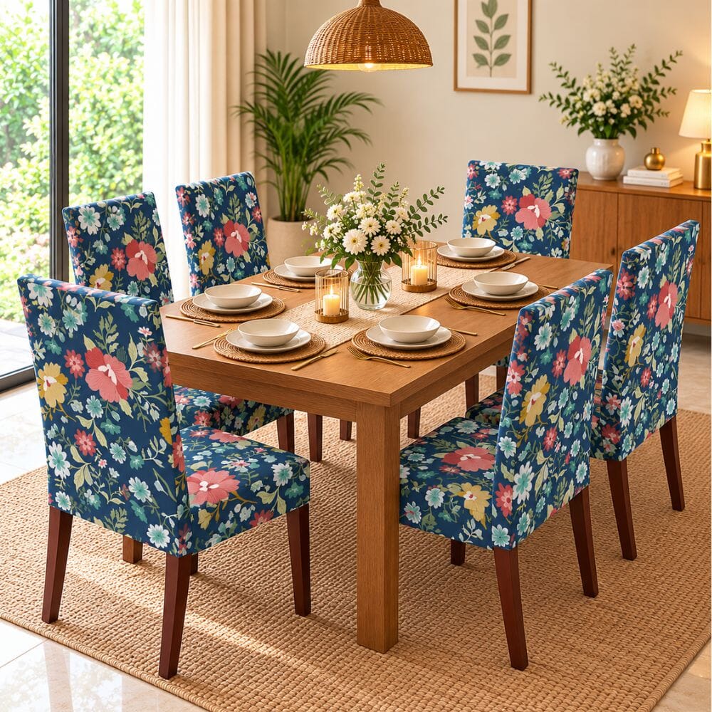 Dark Blue Floral Premium Chair Cover - Stretchable & Elastic Fitted printed chair covers Great Happy IN 6 PCS (₹285 per pcs) 