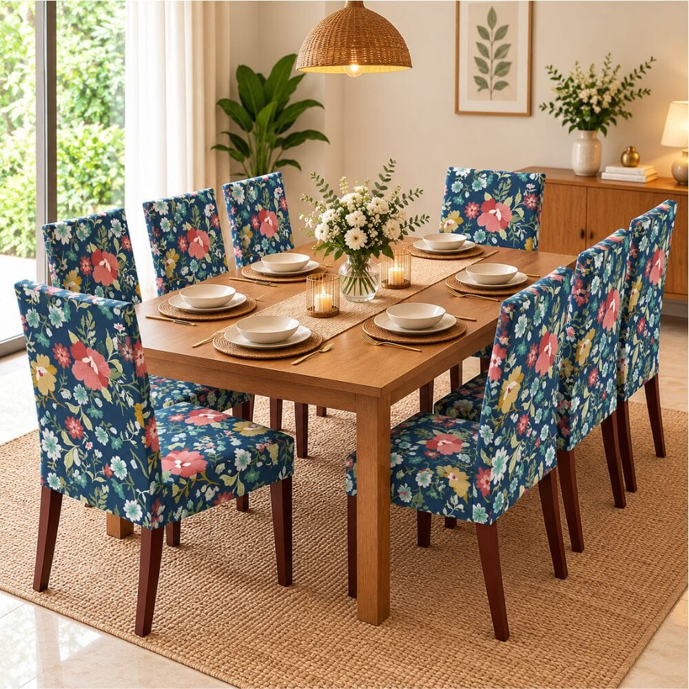 Premium Chair Cover - Stretchable & Elastic Fitted printed chair covers Great Happy IN Dark Blue Floral 8 PCS (₹262 per pcs) 