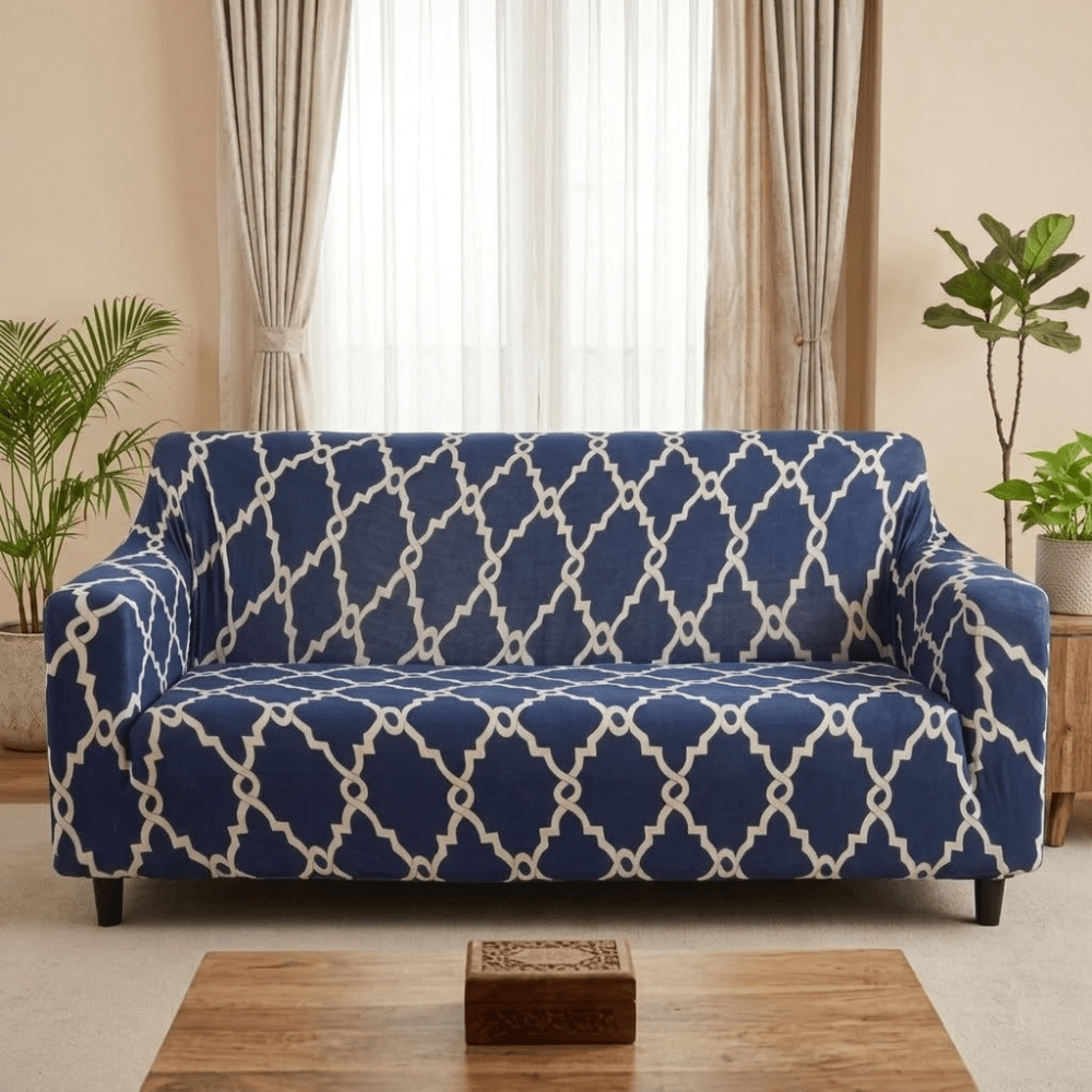 Dark Blue Lantern Elastic Fitted Printed Sofa Cover - Stretchable & Premium Quality